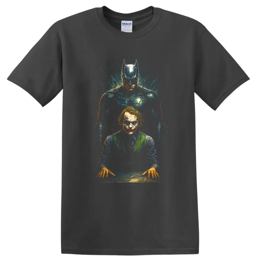 Batman standing behind the Joker in dramatic The Dark Knight graphic T Shirt design on a Charcoal T Shirt
