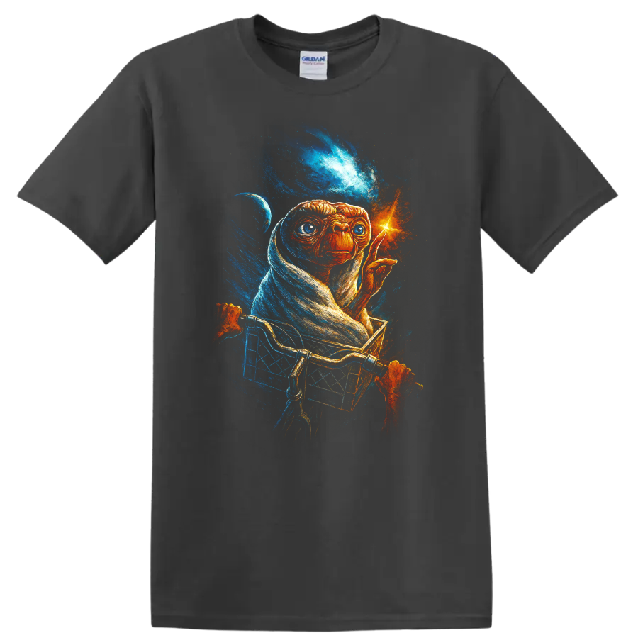 E.T. riding in a bike basket with glowing fingertip cosmic space artwork on T shirt on a Charcoal T Shirt
