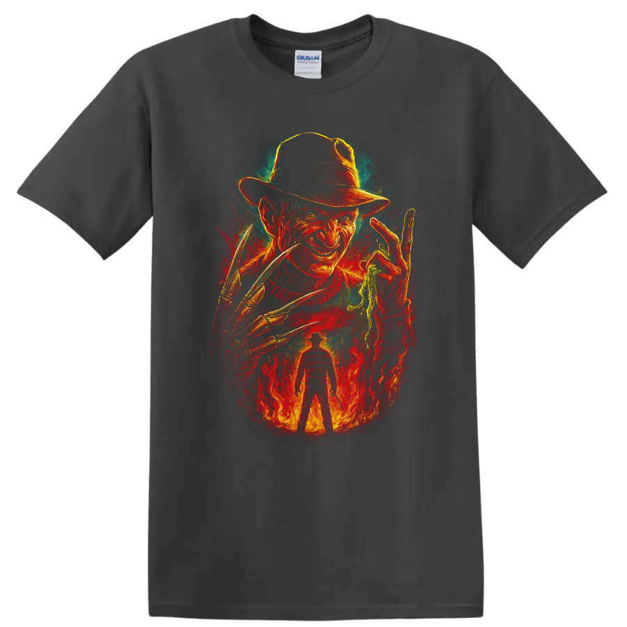 Freddy Krueger horror artwork with fedora, razor glove, and flames T shirt on a Charcoal T Shirt