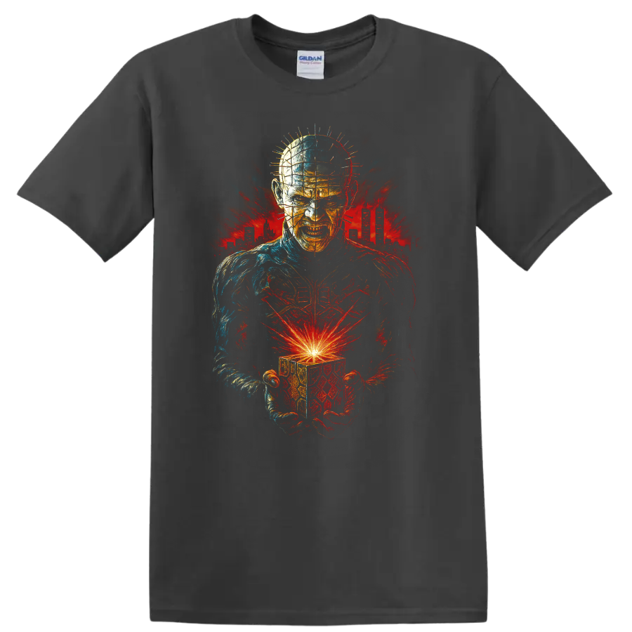 Hellraiser-inspired horror figure holding a glowing cube T Shirt on a Charcoal T Shirt