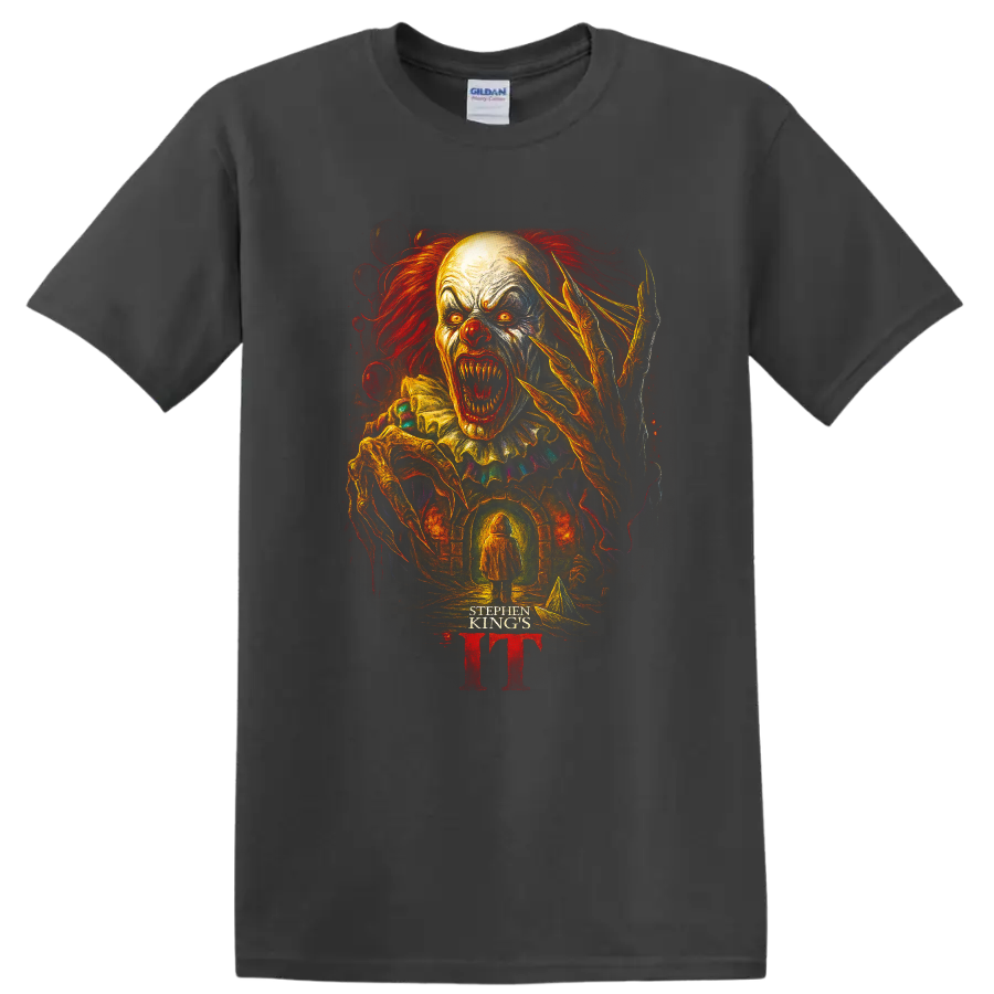 Pennywise horror clown artwork with Stephen King's IT text on a black T-shirt on a Charcoal T Shirt