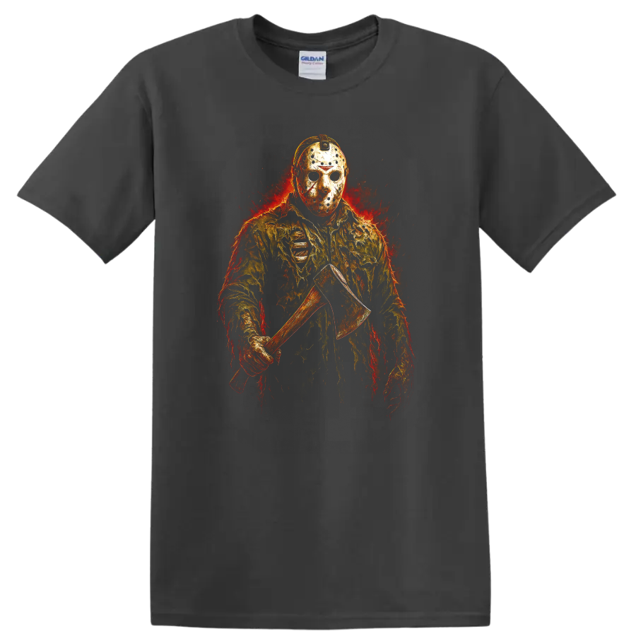 Fiery masked slasher holding an axe, Friday the 13th horror style T shirt on a Charcoal T Shirt
