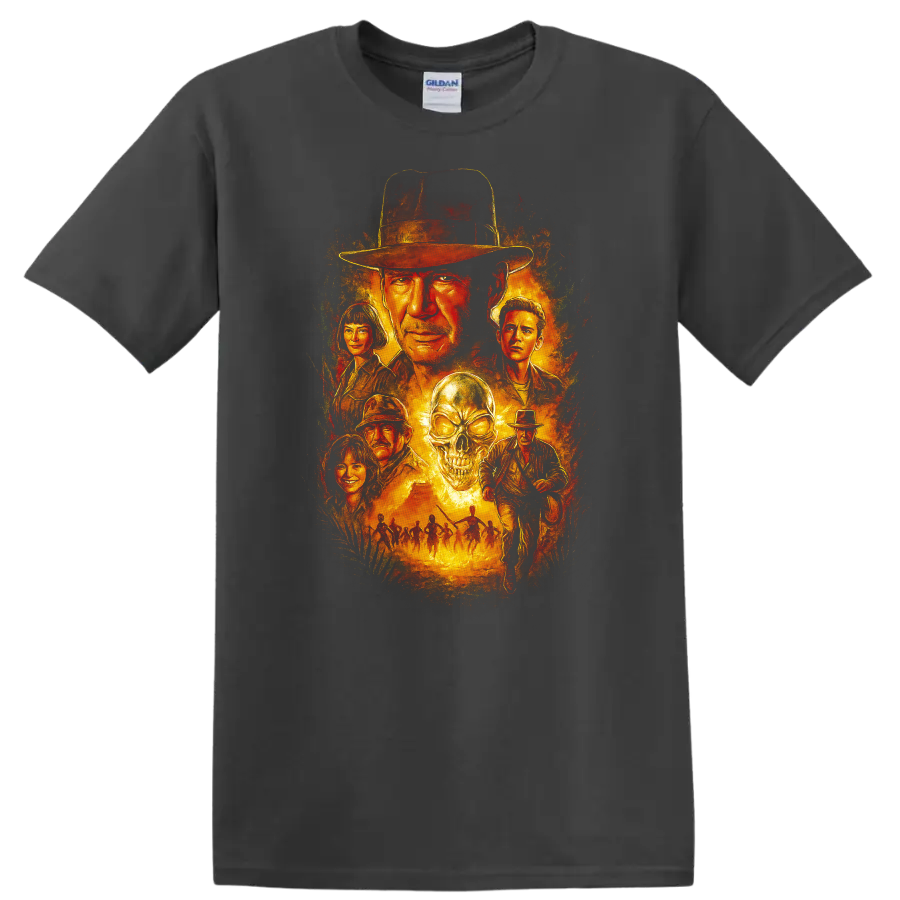 Vintage The Great Gatsby movie art with fiery portrait collage and skull graphic on a T - Charcoal