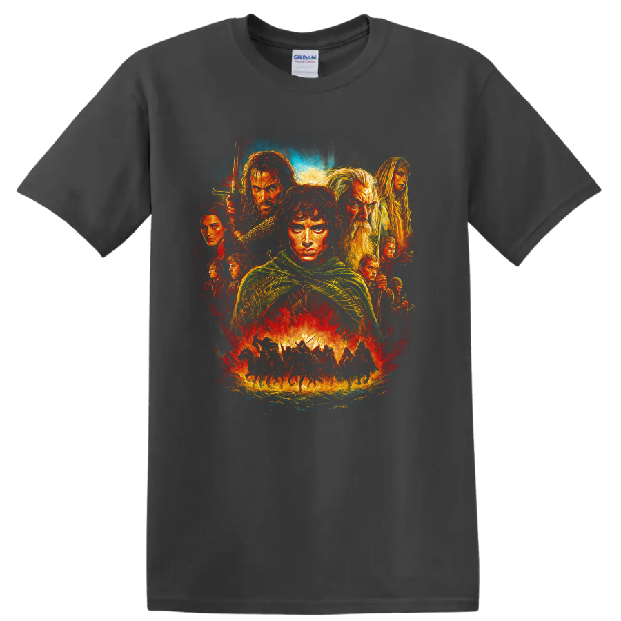 The Lord of the Rings fantasy character collage with dramatic painted movie artwork T shirt on a Charcoal T Shirt