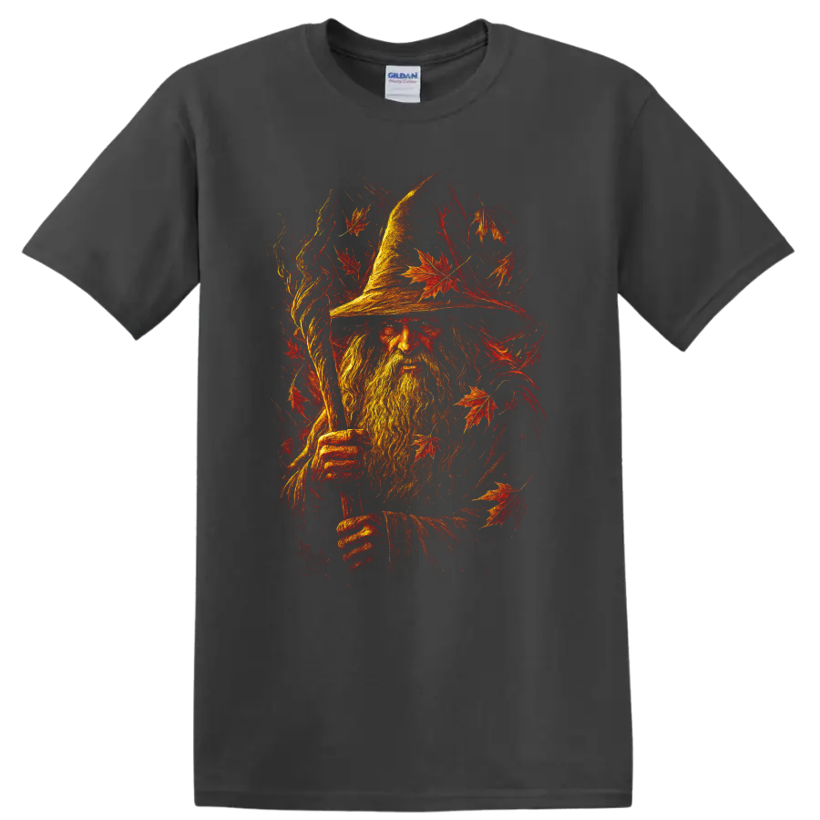 Wizard portrait surrounded by fiery autumn leaves graphic T Shirt on a Charcoal T Shirt