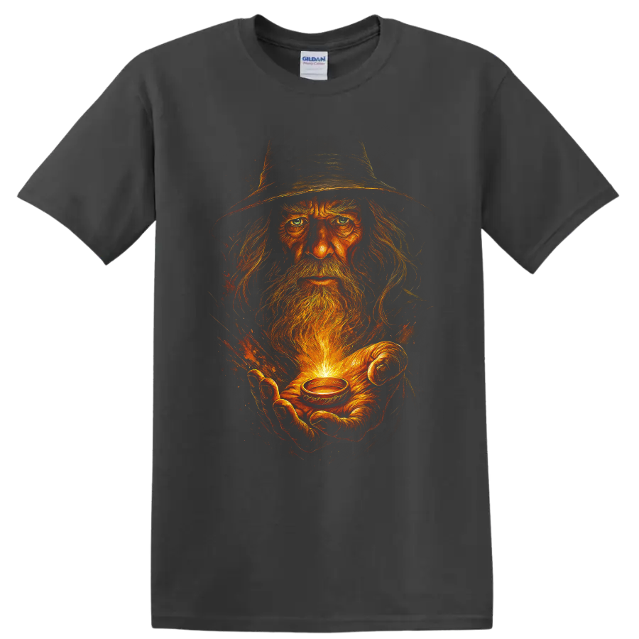 Fiery wizard holding a glowing ring fantasy graphic T shirt on a Charcoal T Shirt