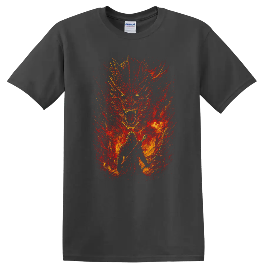 Fiery Game of Thrones dragon and warrior fantasy graphic T Shirt on a Charcoal T Shirt
