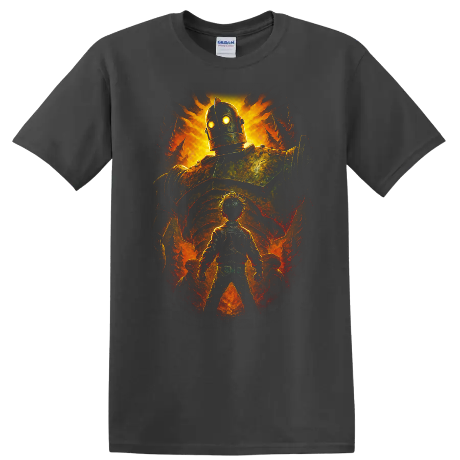 The Iron Giant glowing movie art design with giant robot and child, T shirt on a Charcoal T Shirt