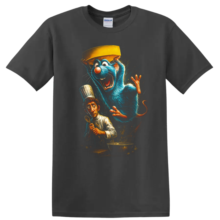 Animated blue rat chef and startled cook Ratatouille inspired T Shirt graphic on a Charcoal T Shirt
