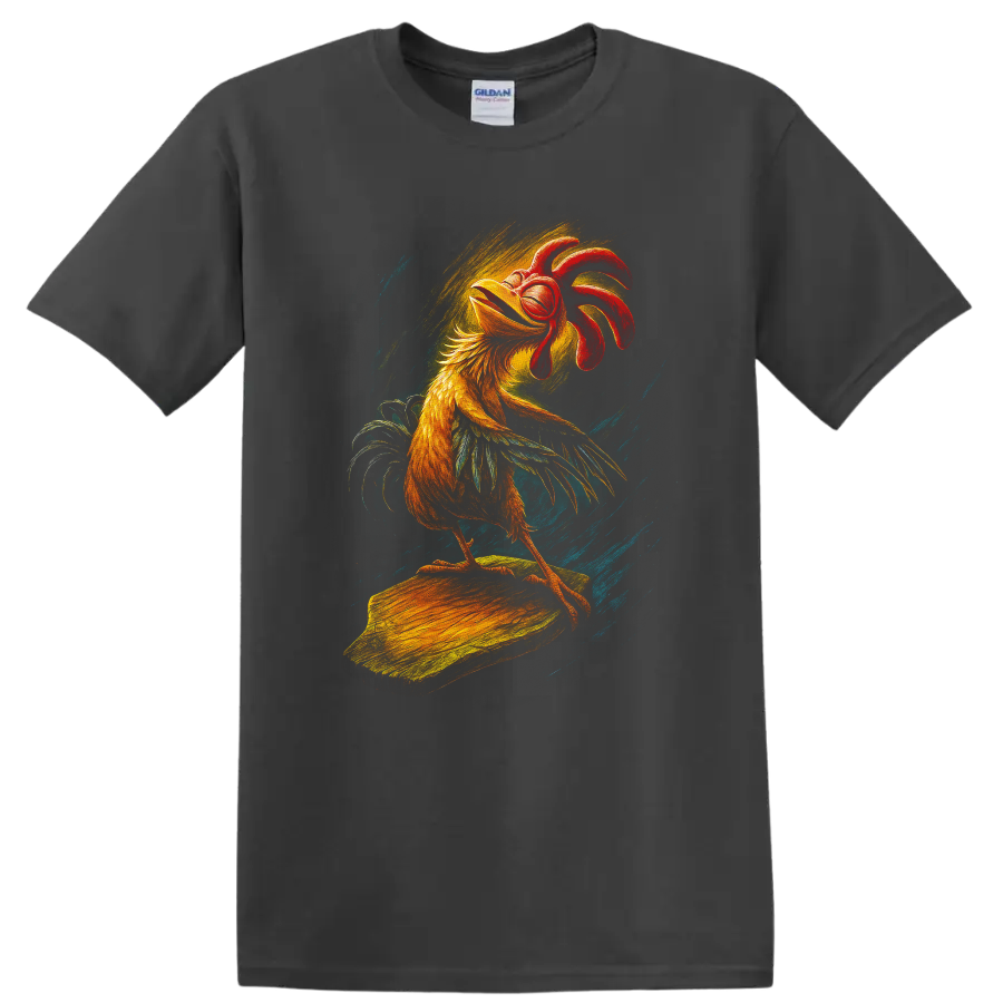 Rooster surfing artwork with bold retro colors on a T shirt on a Charcoal T Shirt