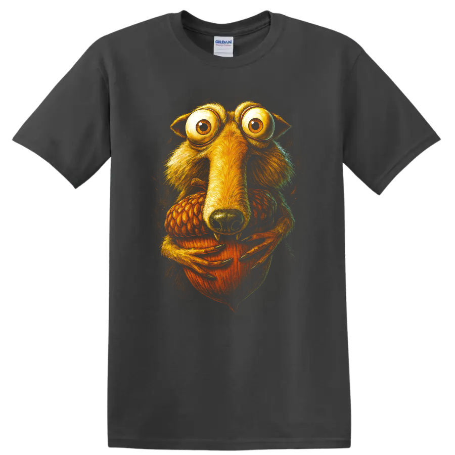Wide-eyed Scrat holding an acorn, Ice Age character art T-shirt design on a Charcoal T Shirt