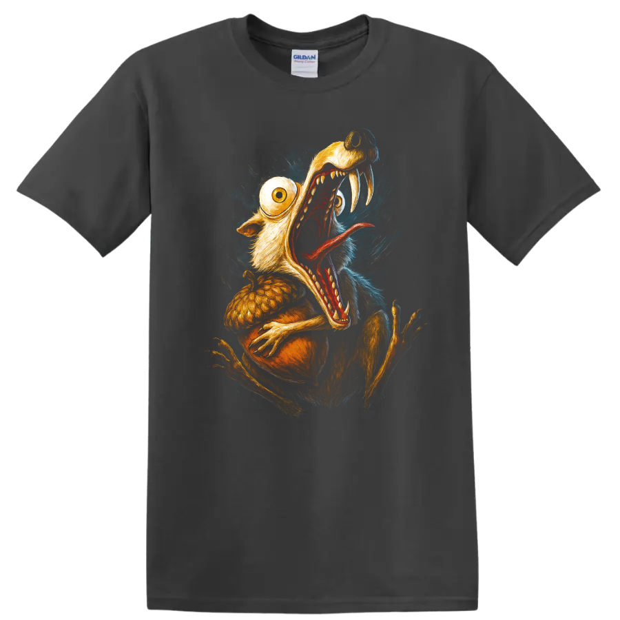Scrat from Ice Age screaming with oversized eyes and sharp teeth graphic T shirt on a Charcoal T Shirt