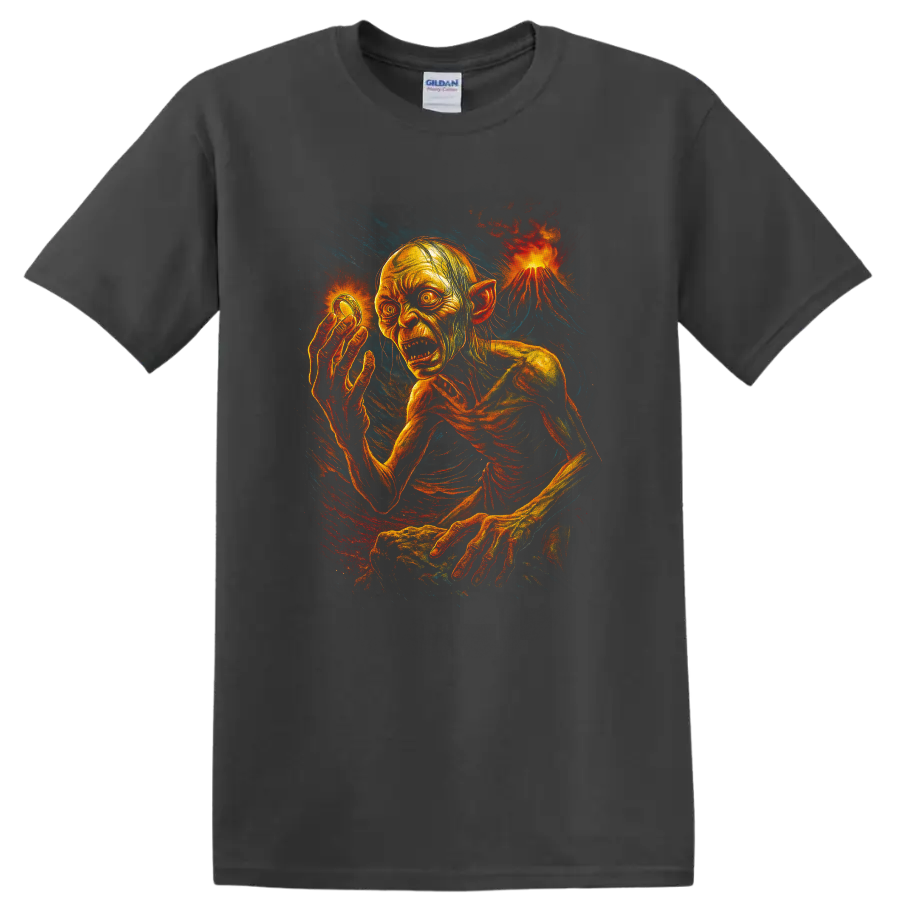 Fiery Gollum horror-style fantasy art on black T - Charcoal