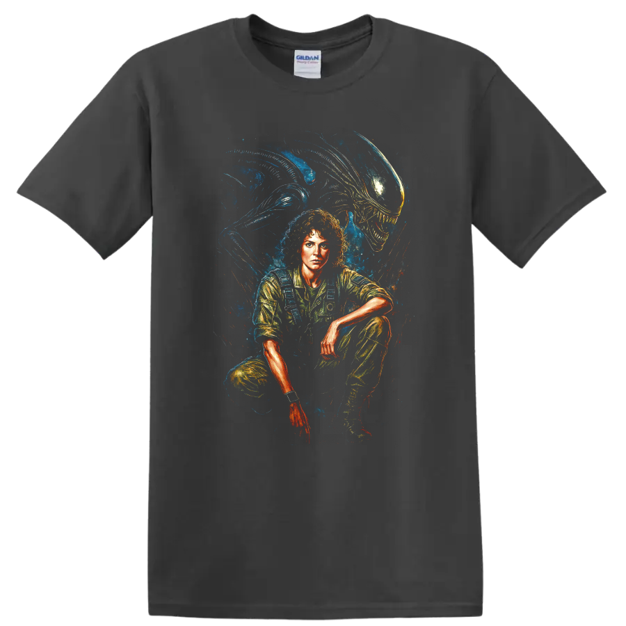 Alien movie inspired portrait with xenomorph creature in dramatic sci-fi horror style T-shirt on a Charcoal T Shirt