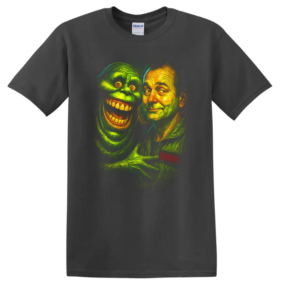 Ghostbusters-inspired portrait of Venkman with a grinning green ghost T shirt on a Charcoal T Shirt