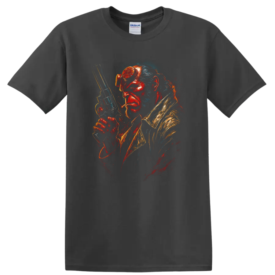 Hellboy dramatic portrait holding revolver graphic T shirt on a Charcoal T Shirt