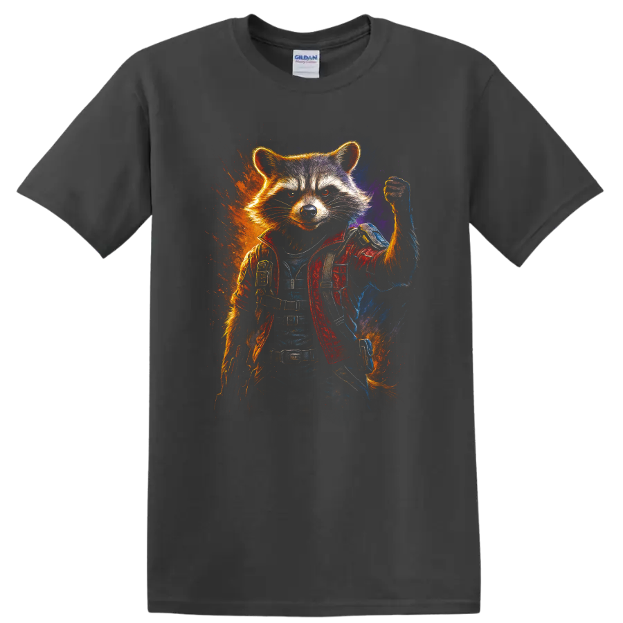 Guardians of the Galaxy inspired Rocket Raccoon hero in action pose T Shirt on a Charcoal T Shirt
