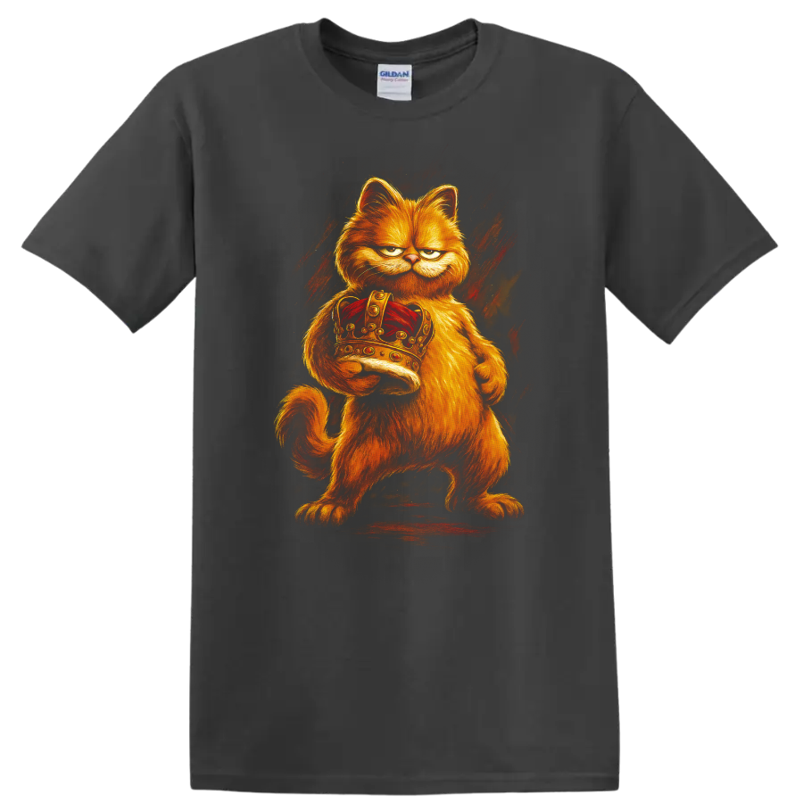 Angry orange Garfield-inspired cat holding a jeweled crown on a black T shirt on a Charcoal T Shirt