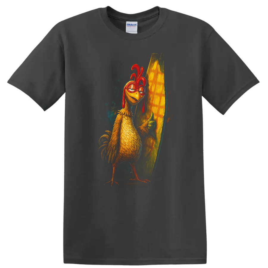 Surf's Up inspired chicken surfer holding a surfboard graphic T-shirt on a Charcoal T Shirt
