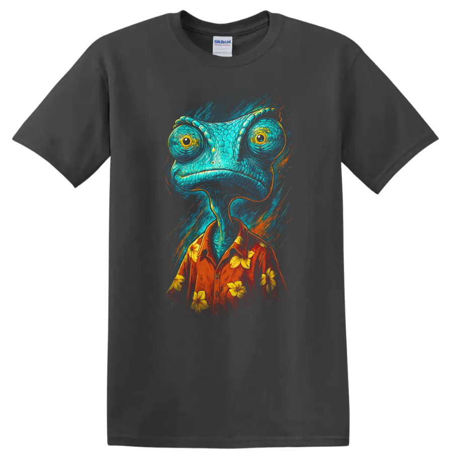 Colorful chameleon character in red Hawaiian shirt, Rango-inspired graphic T shirt on a Charcoal T Shirt