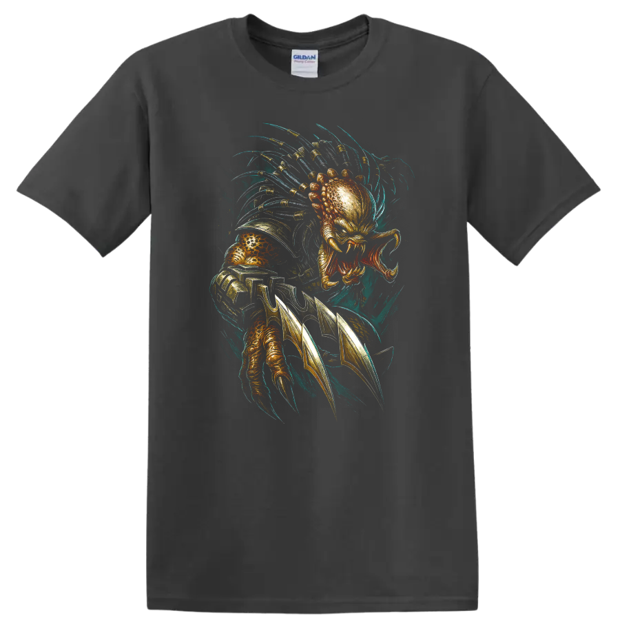 Predator-inspired alien hunter graphic with claws, armor detail, and dramatic sci-fi design on T shirt on a Charcoal T Shirt