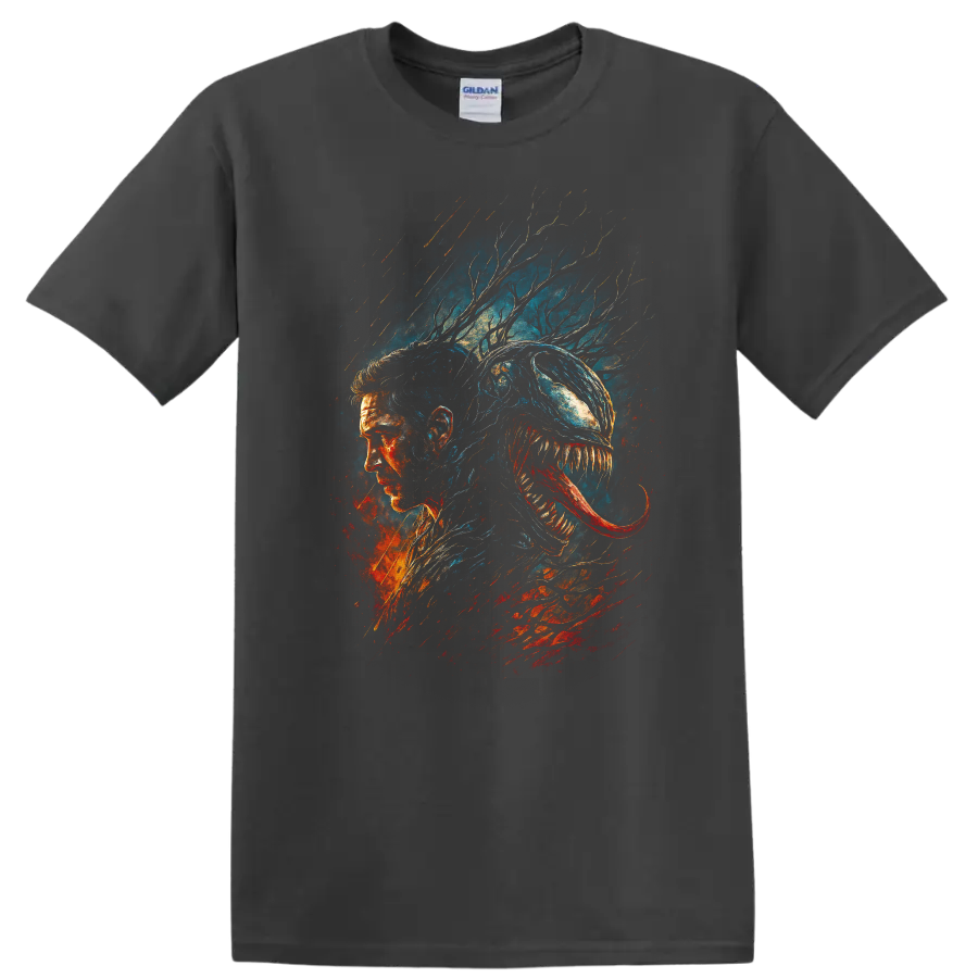 Venom-inspired symbiote portrait graphic T-shirt with dark comic style on a Charcoal T Shirt