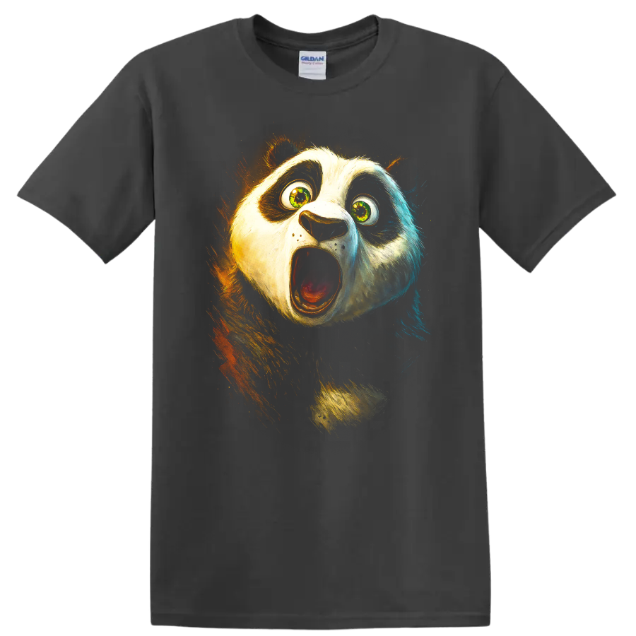 Shocked panda face graphic with wide eyes and open mouth on black T shirt on a Charcoal T Shirt