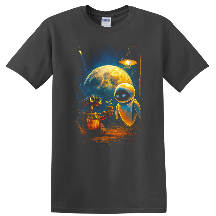 WALL-E and EVE moonlight sci fi artwork with glowing robot and plant T-shirt on a Charcoal T Shirt