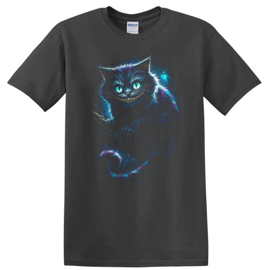 Glowing Cheshire Cat with neon grin and blue purple fantasy art T shirt on a Charcoal T Shirt