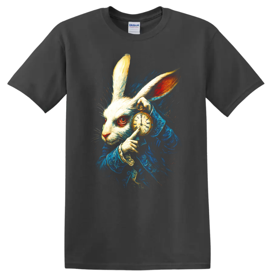 White Rabbit in blue coat holding a pocket watch, Alice in Wonderland style T shirt graphic on a Charcoal T Shirt