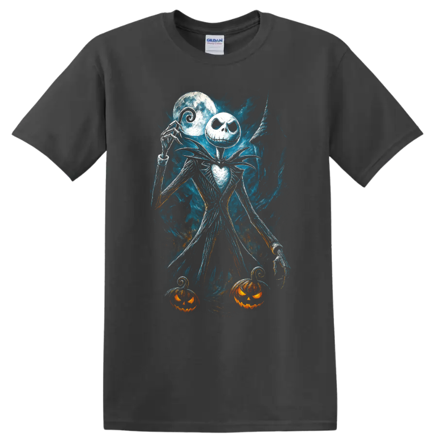 Jack Skellington-inspired gothic figure with moon and pumpkins T Shirt on a Charcoal T Shirt