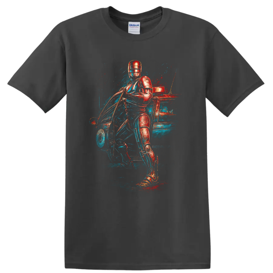 RoboCop neon sci fi artwork with armored police hero beside a car T shirt on a Charcoal T Shirt