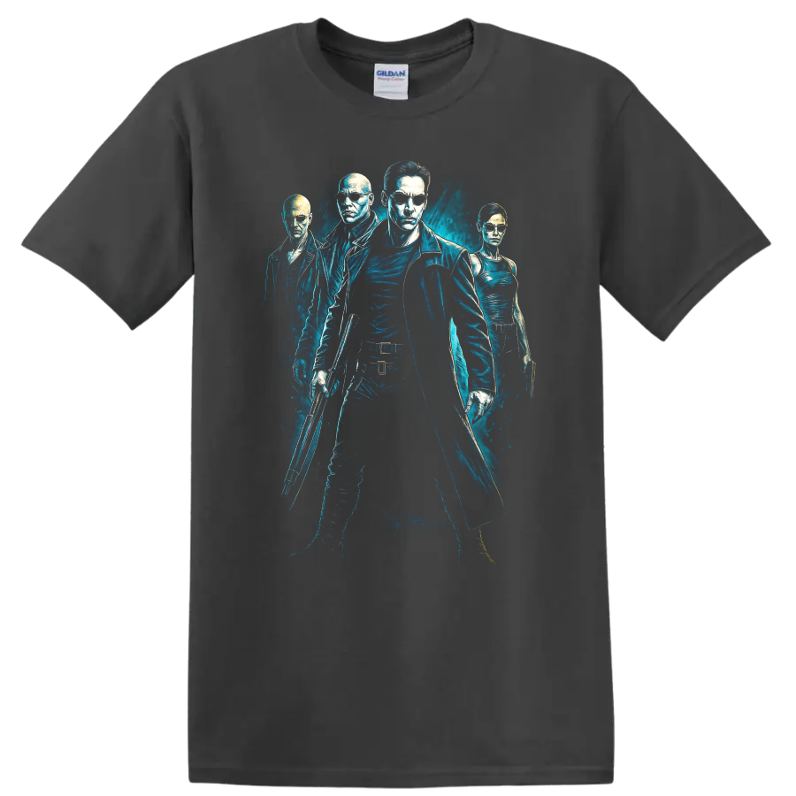 The Matrix inspired blue neon movie graphic T Shirt with four characters on a Charcoal T Shirt