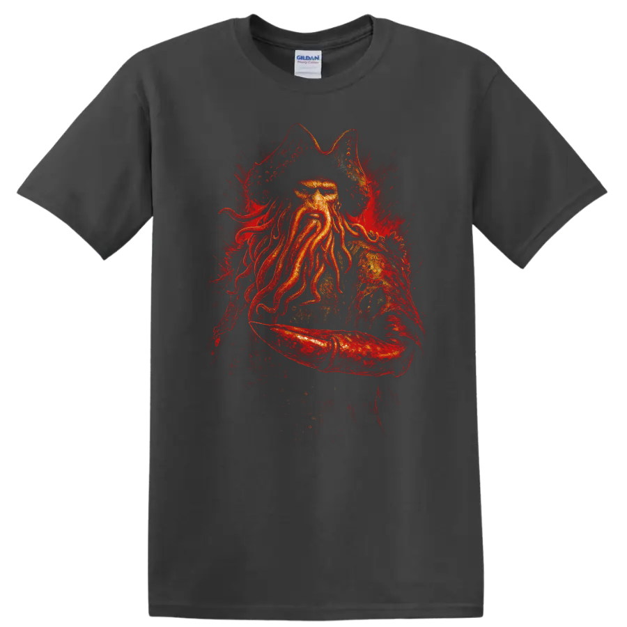 Pirate captain with octopus beard in fiery red dramatic graphic T Shirt design on a Charcoal T Shirt