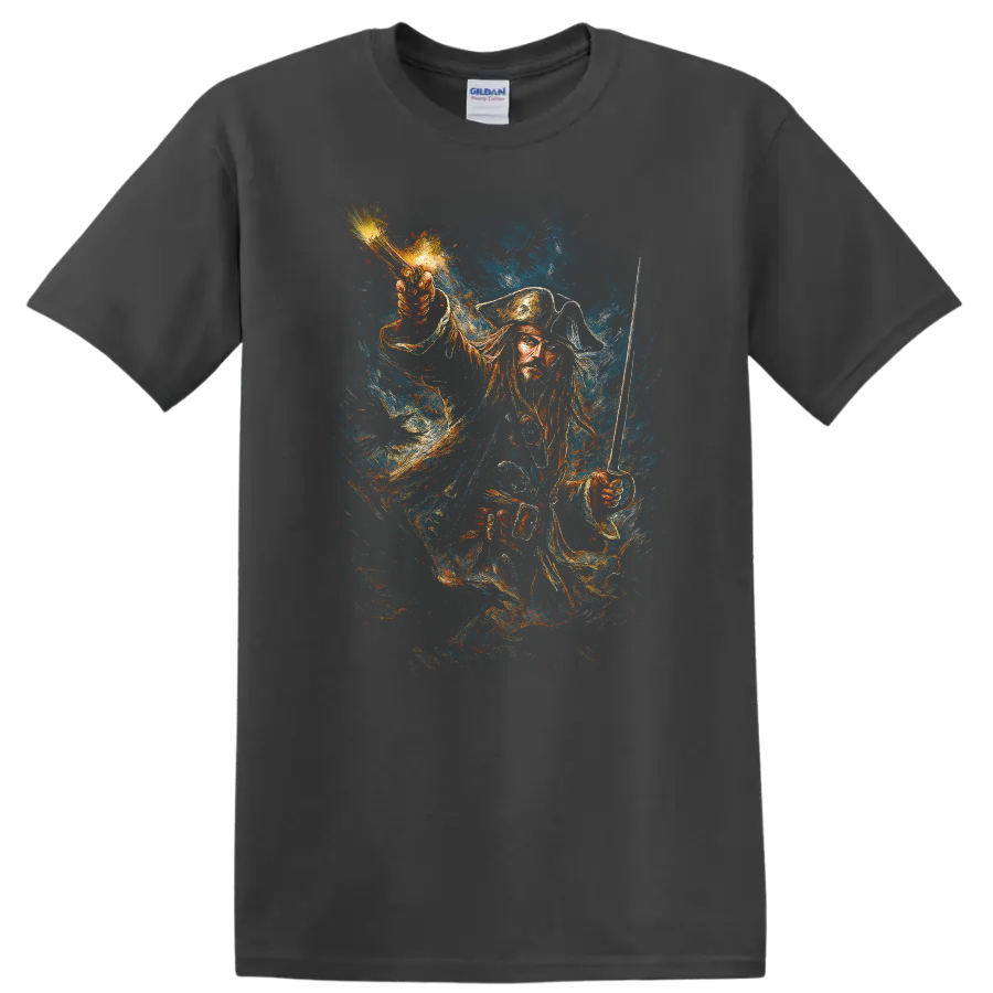 Pirate captain with raised sword in dramatic painted style, Pirates of the Caribbean T shirt on a Charcoal T Shirt