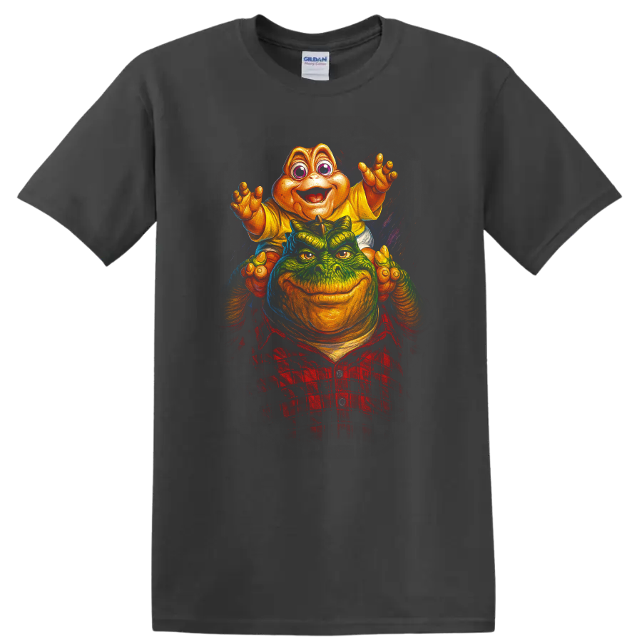 Colorful dinosaur movie monster artwork with two characters on a T shirt on a Charcoal T Shirt