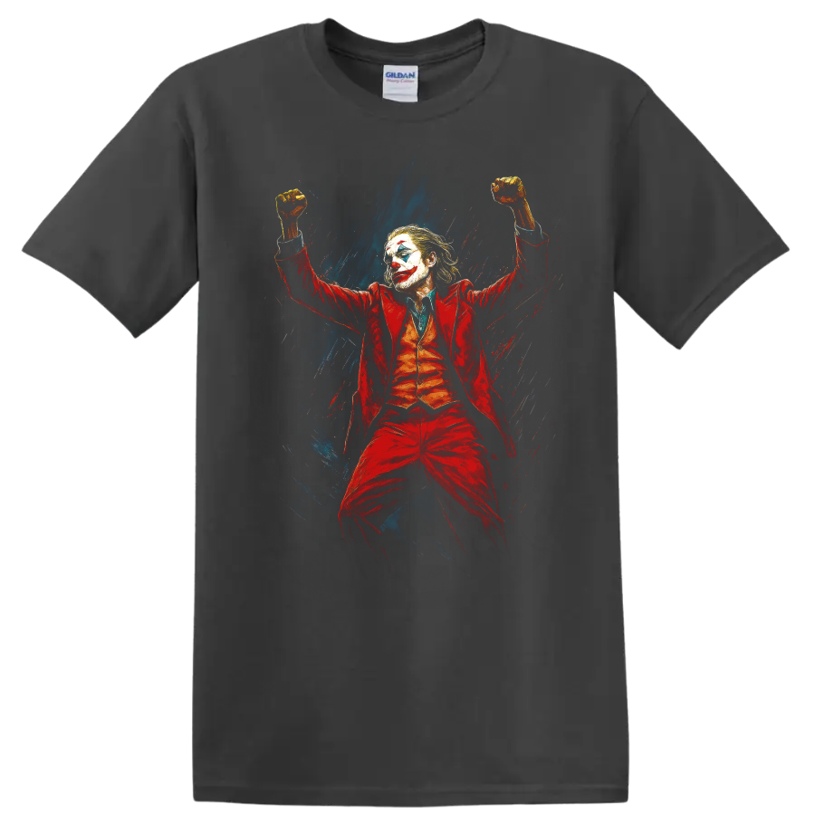 Joker-inspired clown villain in red suit with raised fists, painted dark comic style graphic T shirt on a Charcoal T Shirt