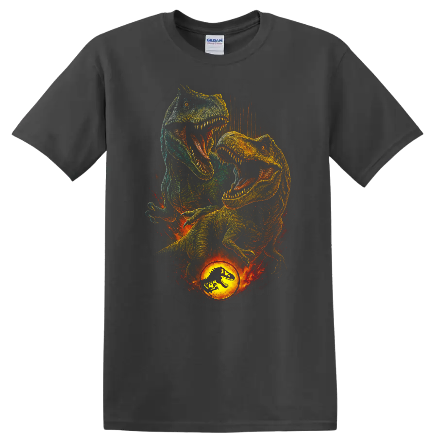 Roaring T Rex dinosaur graphic with fiery Jurassic World inspired style on T shirt on a Charcoal T Shirt