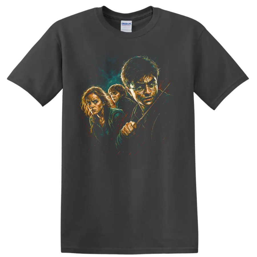 Harry Potter trio portrait movie-style graphic T shirt with dark fantasy painted artwork on a Charcoal T Shirt