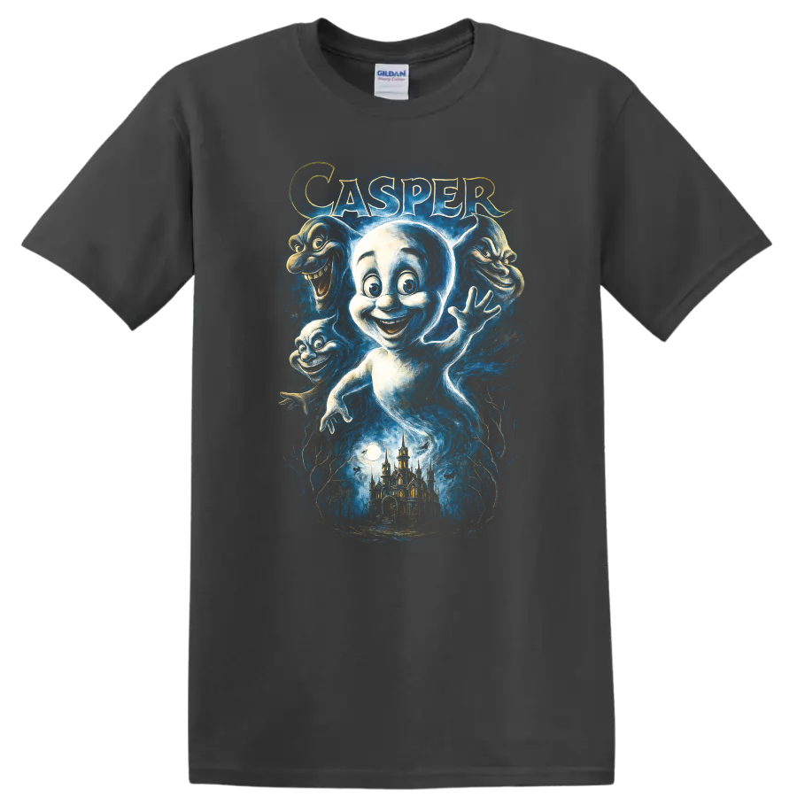 Casper ghost character graphic with spooky castle and haunted blue artwork T Shirt on a Charcoal T Shirt