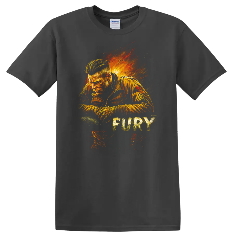 Fury-inspired fiery portrait graphic T Shirt with distressed cinematic style on a Charcoal T Shirt