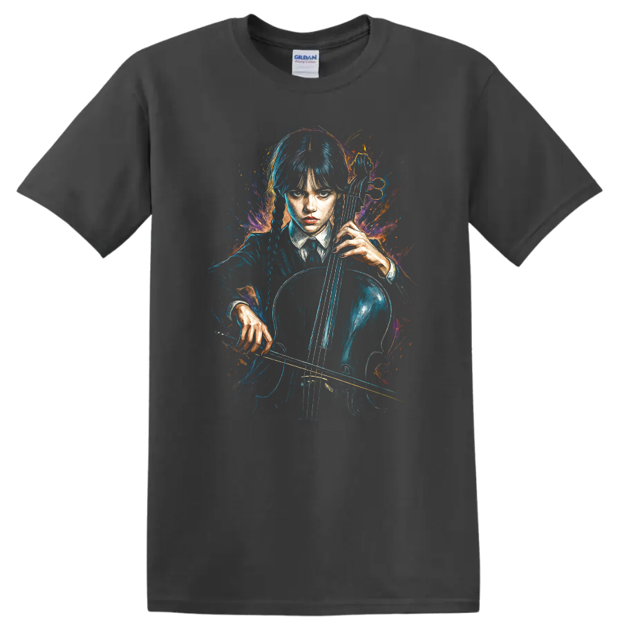 Wednesday Addams holding a cello in neon gothic painted style T Shirt on a Charcoal T Shirt