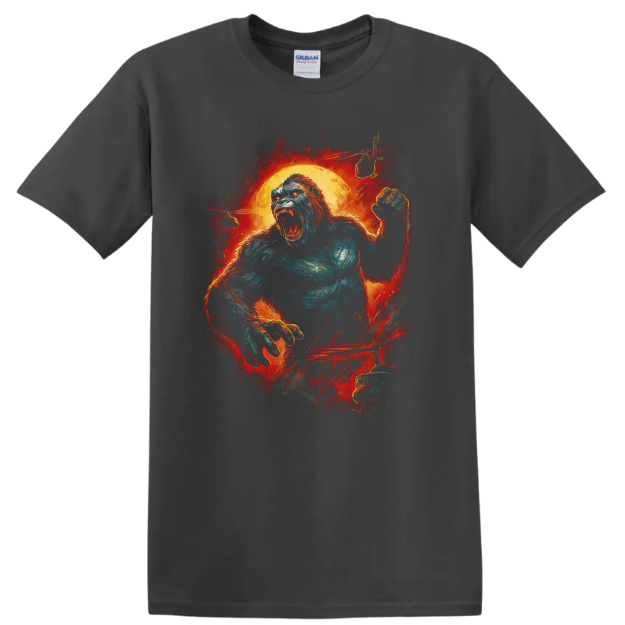 Roaring King Kong-style gorilla graphic with fiery red orange background T shirt on a Charcoal T Shirt