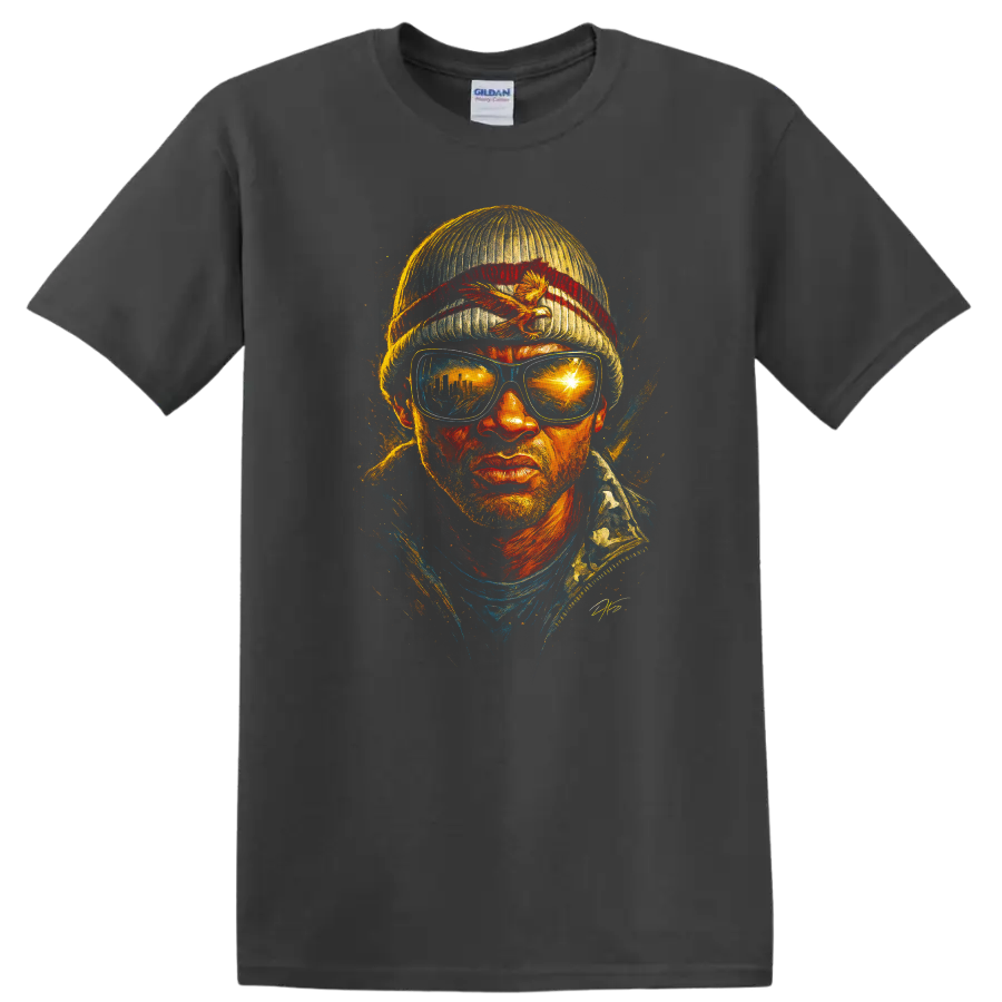 Hancock inspired painted portrait with sunglasses and beanie on black T shirt on a Charcoal T Shirt