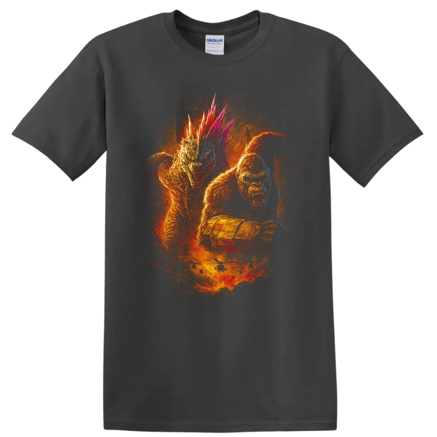 Godzilla x Kong: The New Empire monster battle graphic T Shirt with fiery creature artwork on a Charcoal T Shirt