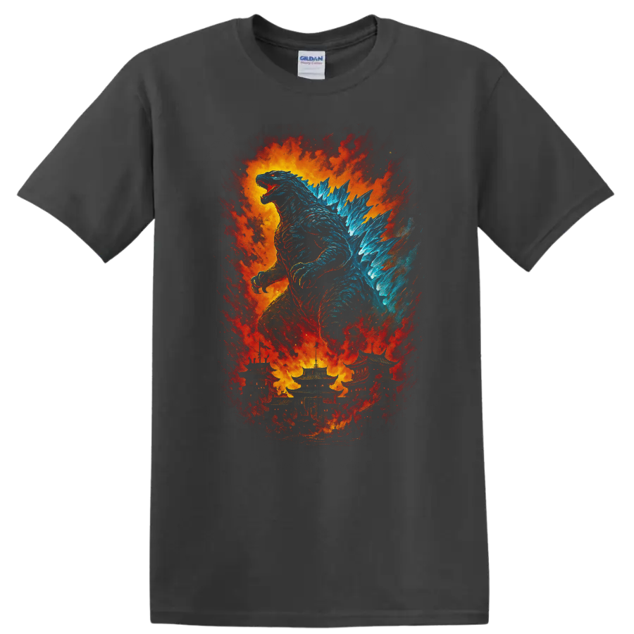 Godzilla vs. Destoroyah fiery kaiju artwork with Godzilla and explosion T Shirt on a Charcoal T Shirt