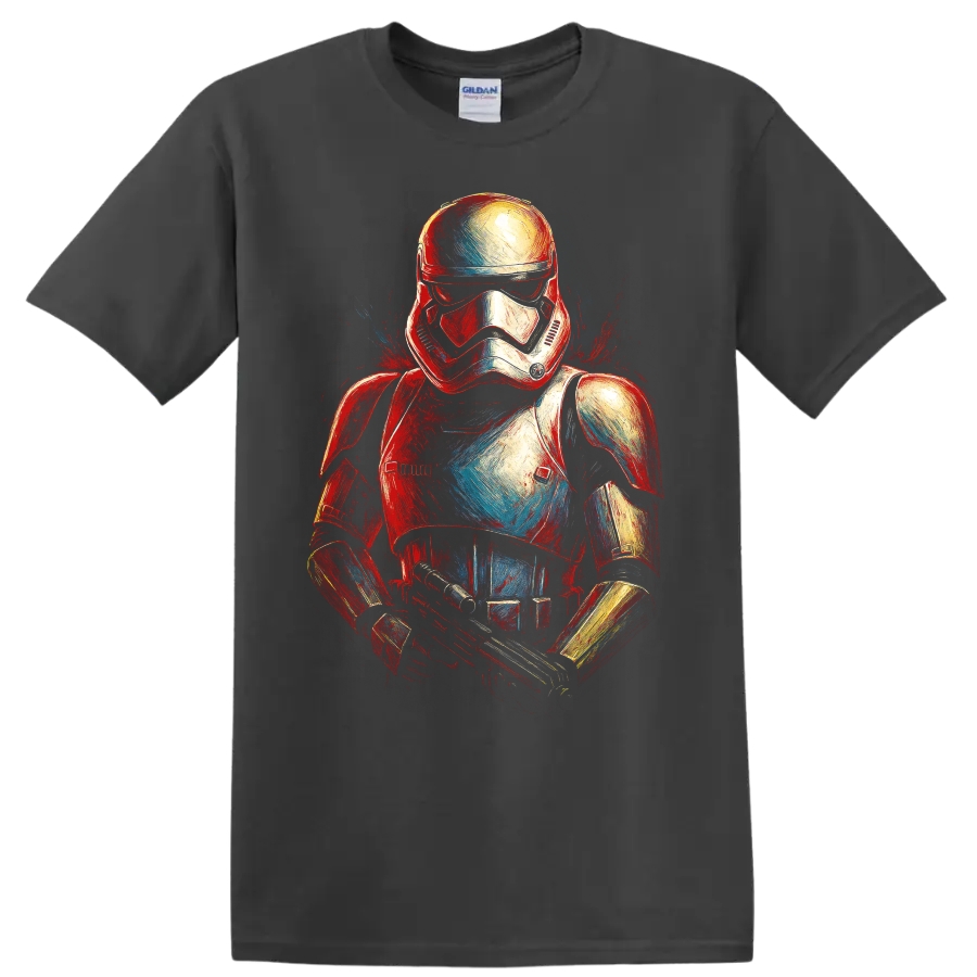 Painted Star Wars stormtrooper graphic in red, white, and blue on a black T shirt on a Charcoal T Shirt