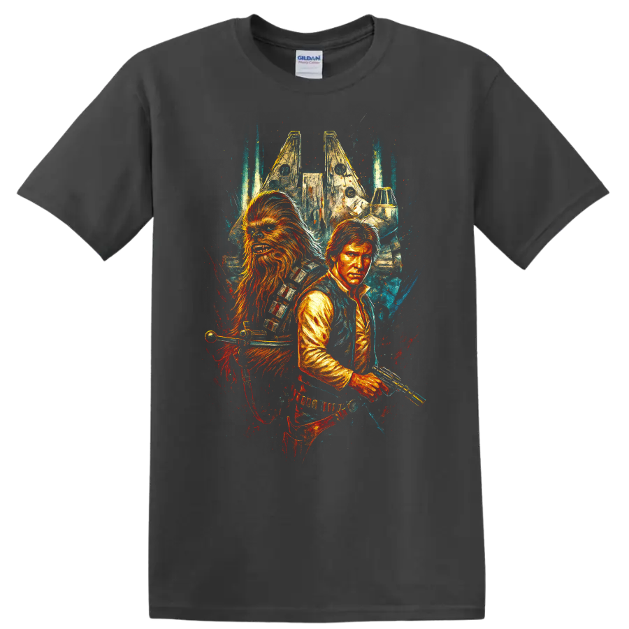 Illustrated space scoundrels duo with starship, cinematic graphic T-shirt design on a Charcoal T Shirt