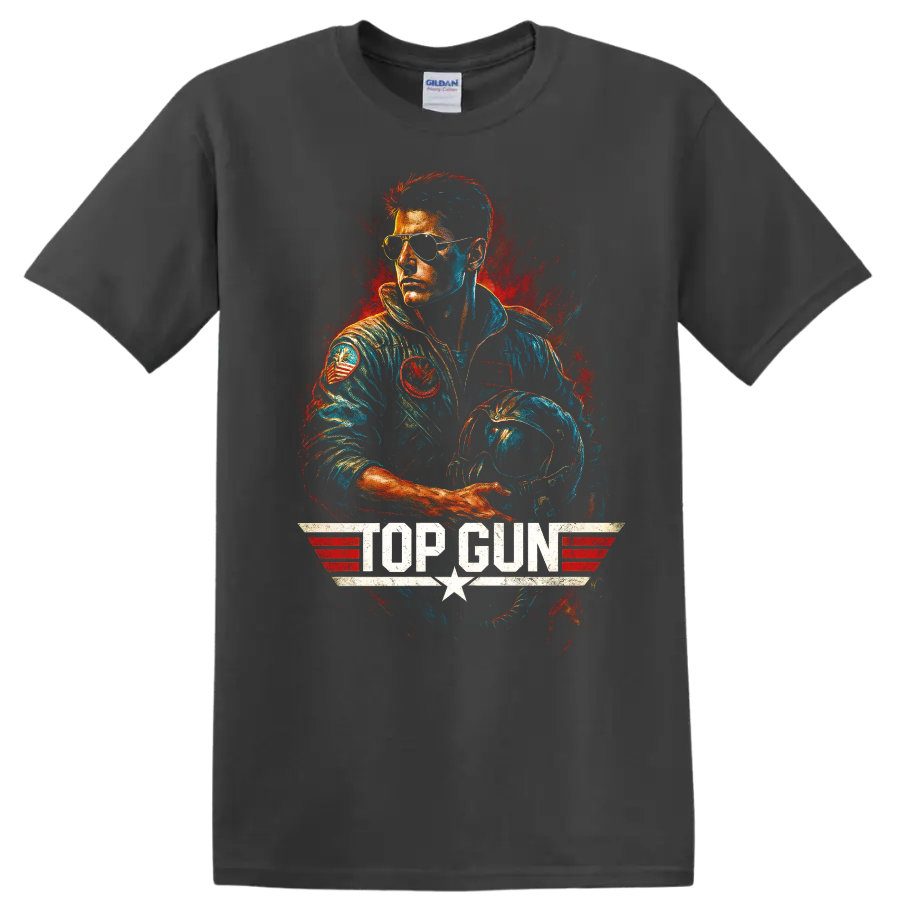 Top Gun fighter pilot in aviator sunglasses with helmet graphic T shirt on a Charcoal T Shirt