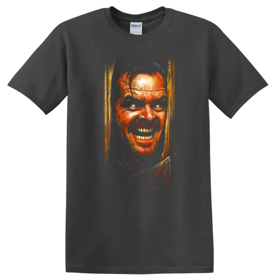 The Shining horror portrait with intense painted face artwork on a T shirt on a Charcoal T Shirt